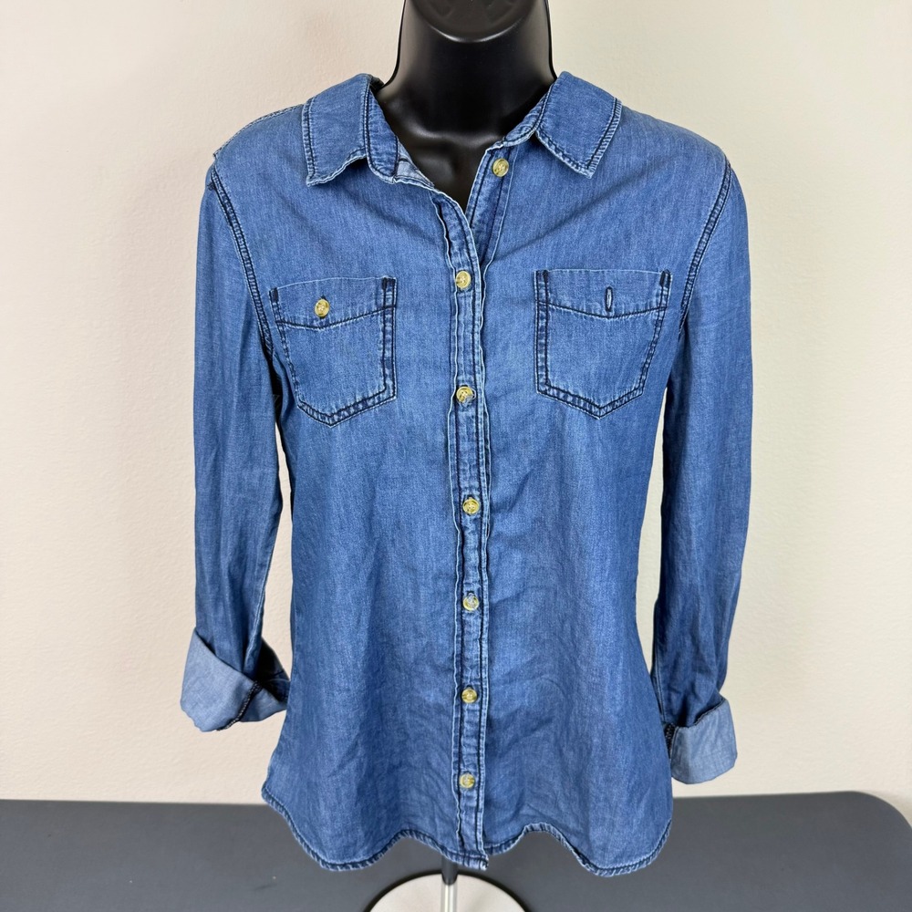 Scarlet Boulevard Denim Shirt Womens Medium Blue Button Up Long Sleeve Cotton